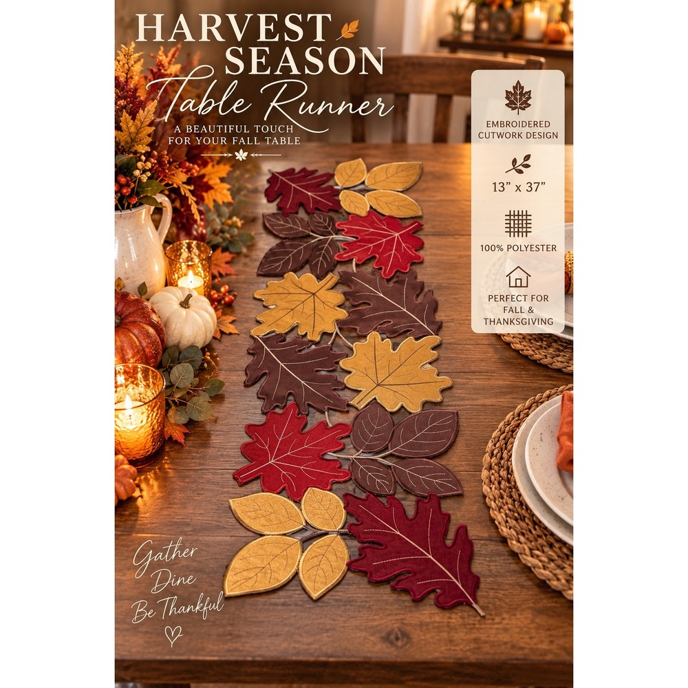 Harvest Season Autumn Leaf Table Runner Burgundy Gold Brown 13x37 Fall Decor
